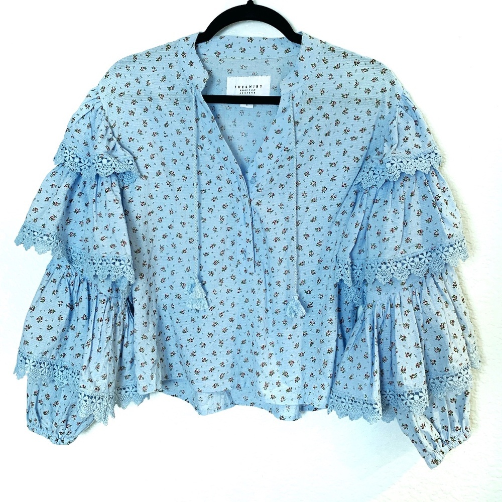 Rochelle Behrens Blue Ditsy Floral Top Small Tiered Sleeve Boho Prairie Western